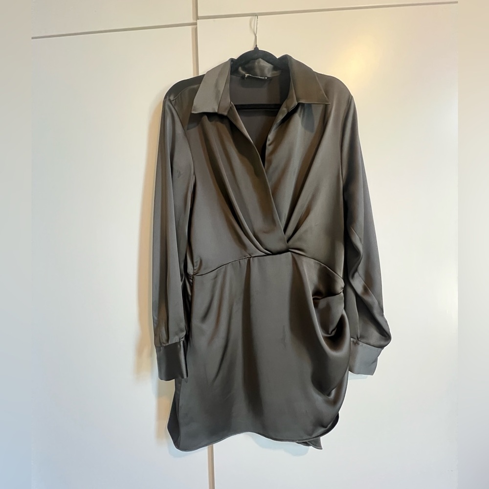 Zara green long sleeve silky mini dress satin effect